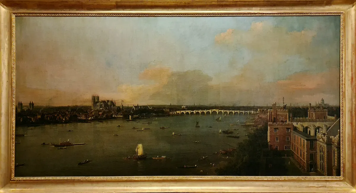 Ein gerahmter Canaletto-Blick auf die Themse in Richtung Westminster, aufgehängt im Lobkowicz-Palast.